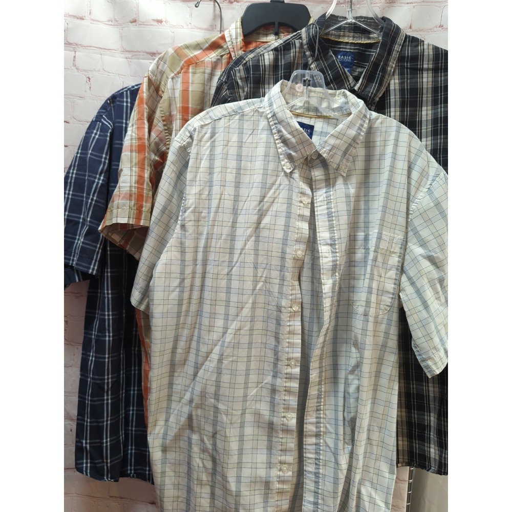 Basic Editions XL men button front plaid 4 shirts black blue orange short sleeve